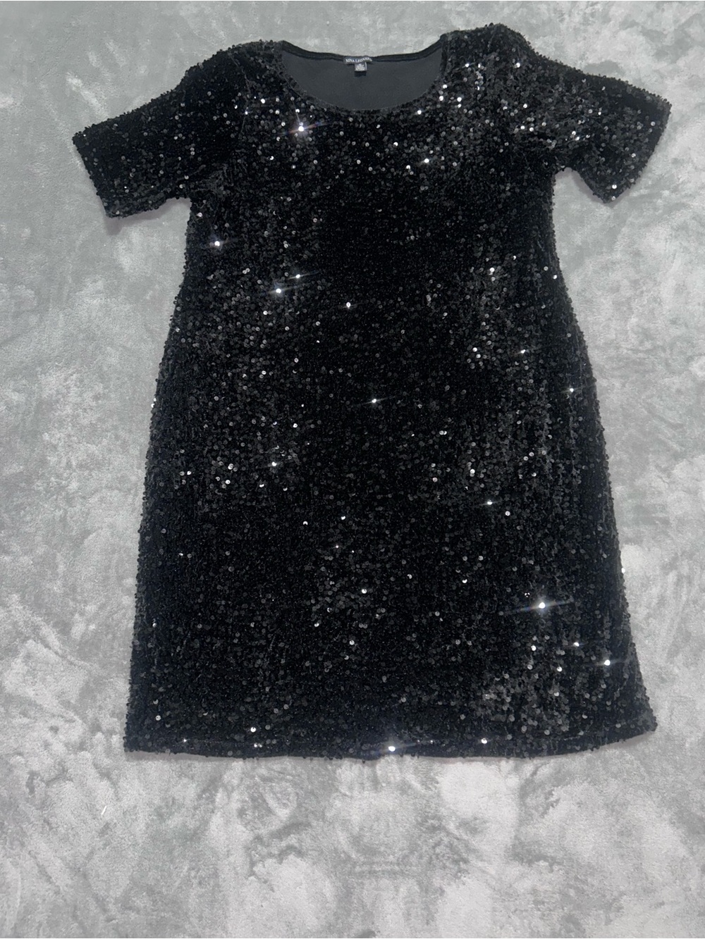 Nina Leonard Black Sequin Short Sleeve Shift Dress